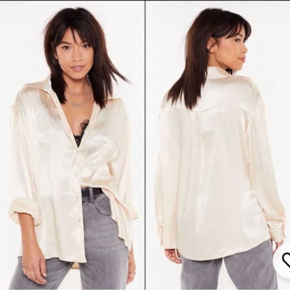 Nasty Gal Ivory Satin Button-Up Blouse